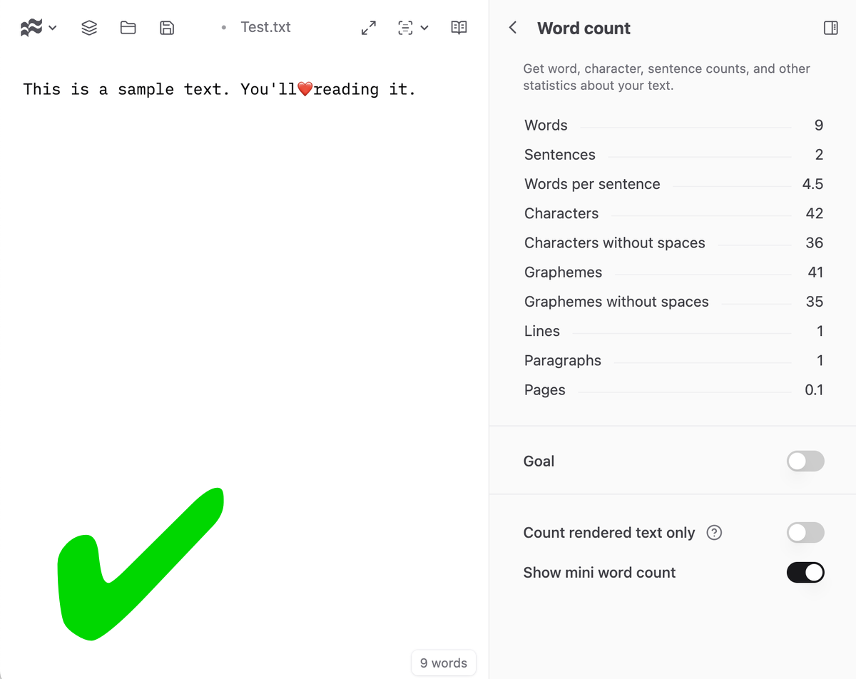 Screenshot of correct word count in I Write Like