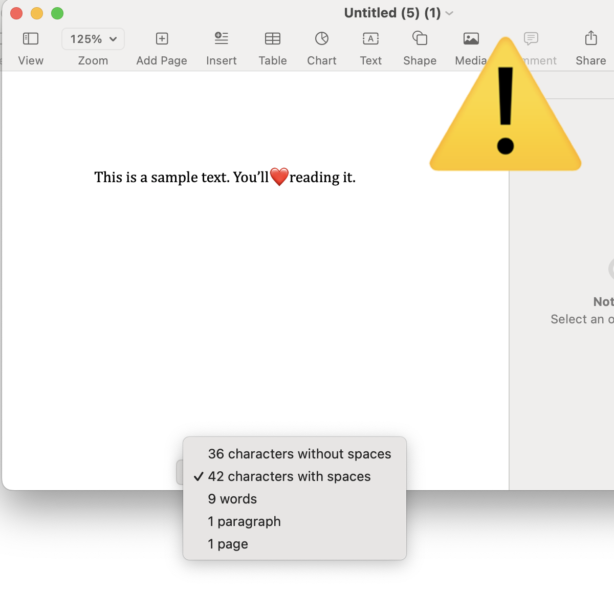 Screenshot of incorrect word count in Apple Pages